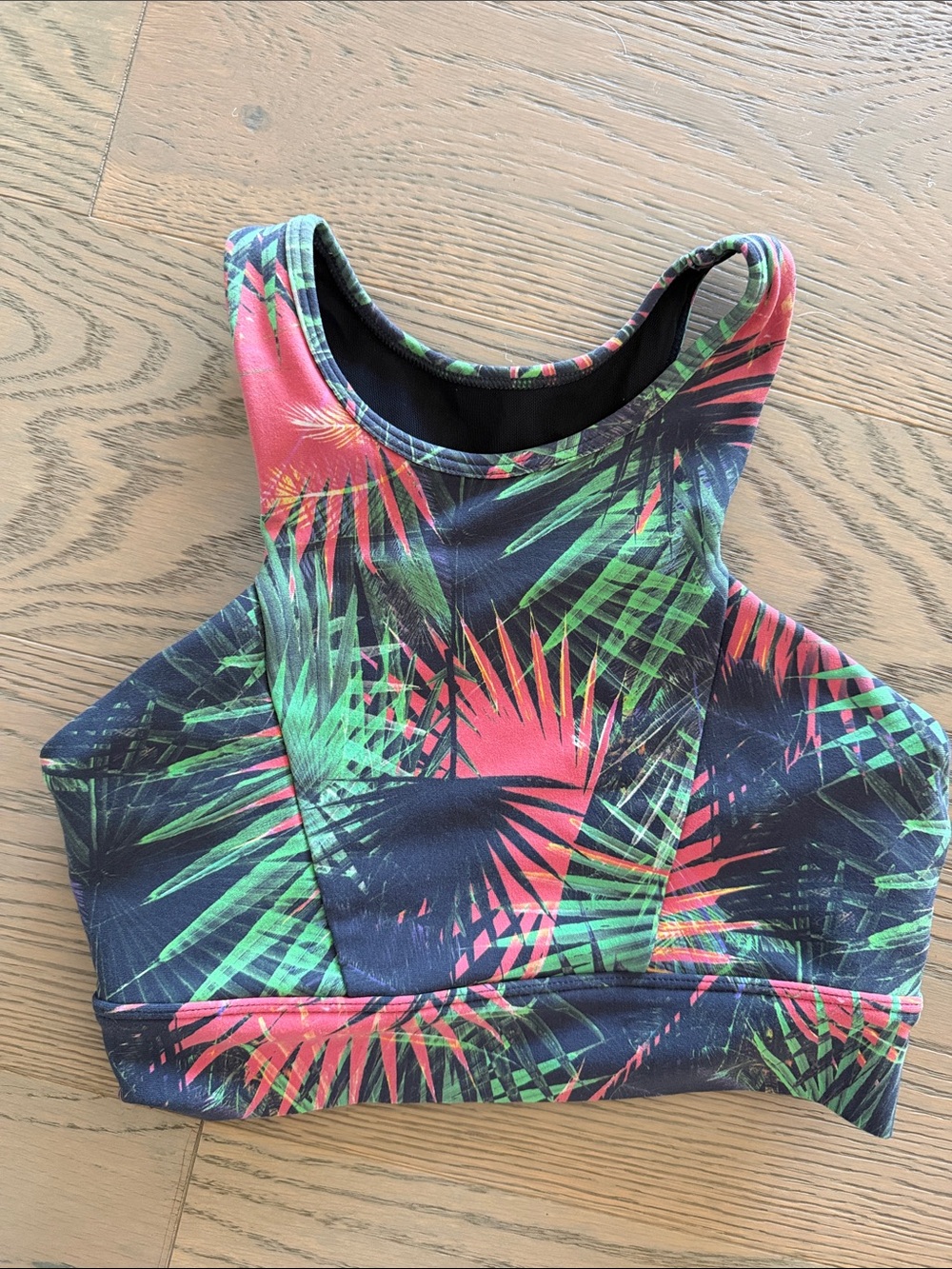 Lorna Jane Tropical Palm Print Sports Bra in Black, Green & Coral